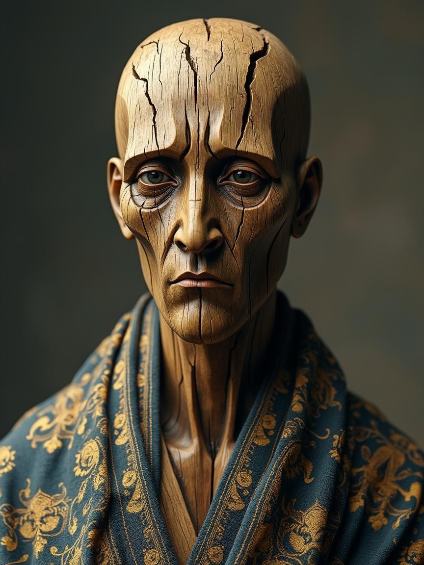Intricately Carved Wooden Humanoid Figure with Robe