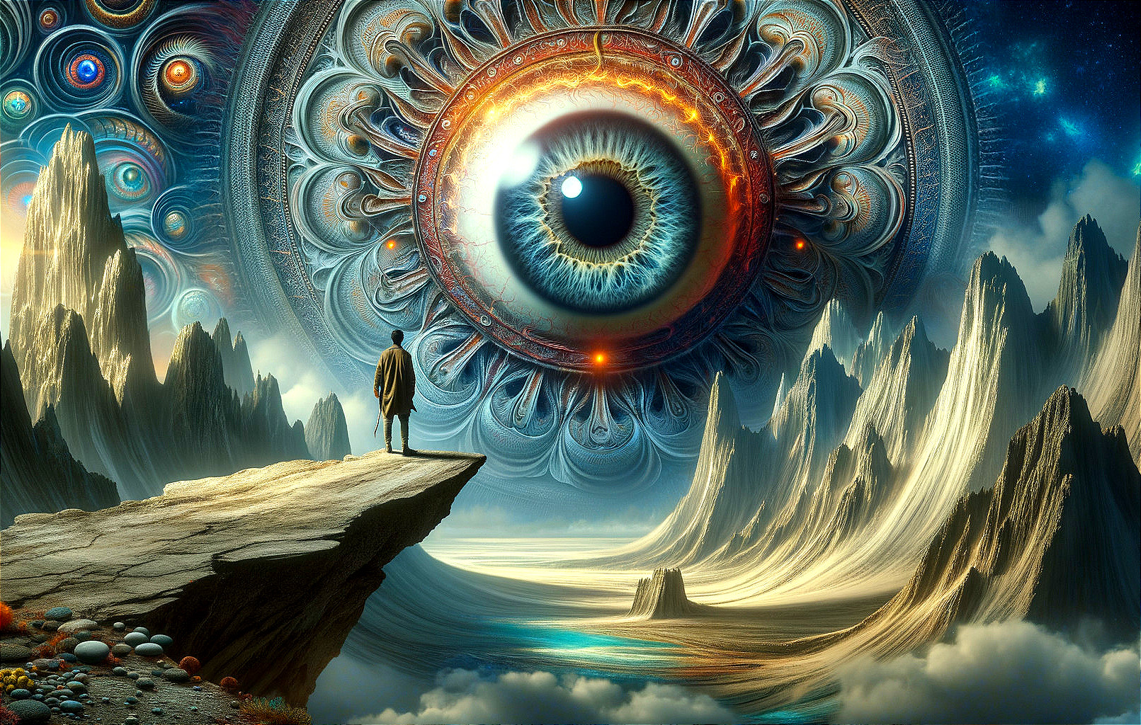 Cosmic Landscape with Surreal Eye and Lone Figure