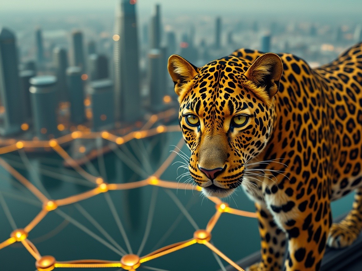 Leopard Overlooking Modern City with Digital Elements