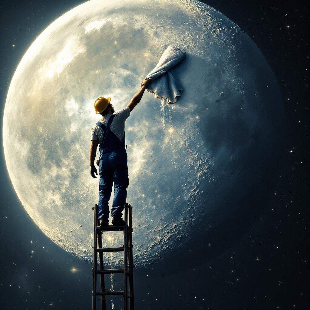Construction Worker Cleaning the Moon's Surface at Night