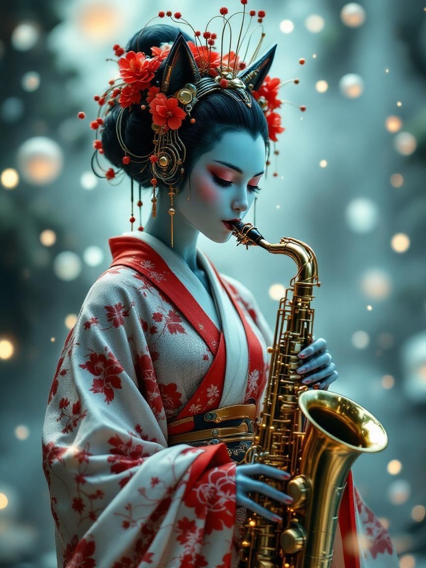 Graceful Figure in Kimono Playing Golden Saxophone