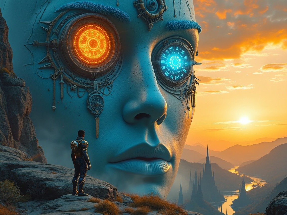 Futuristic face in surreal landscape at sunset