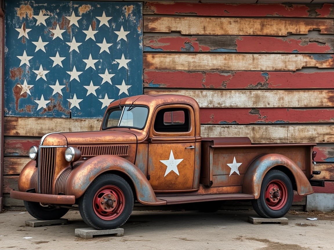 Vintage Pickup Truck Against Weathered Wooden Wall