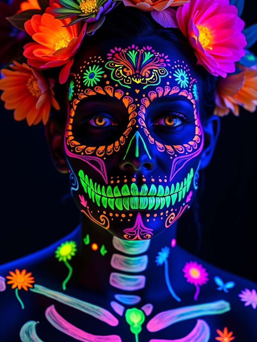 Vibrant Day of the Dead Portrait with Skull Face Paint