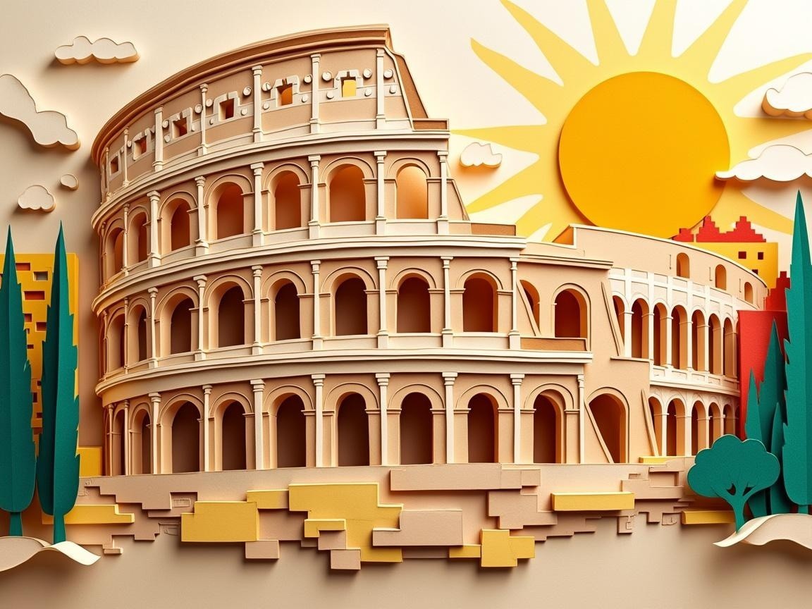 Vibrant Paper-Cut Art of the Colosseum in Sunlight