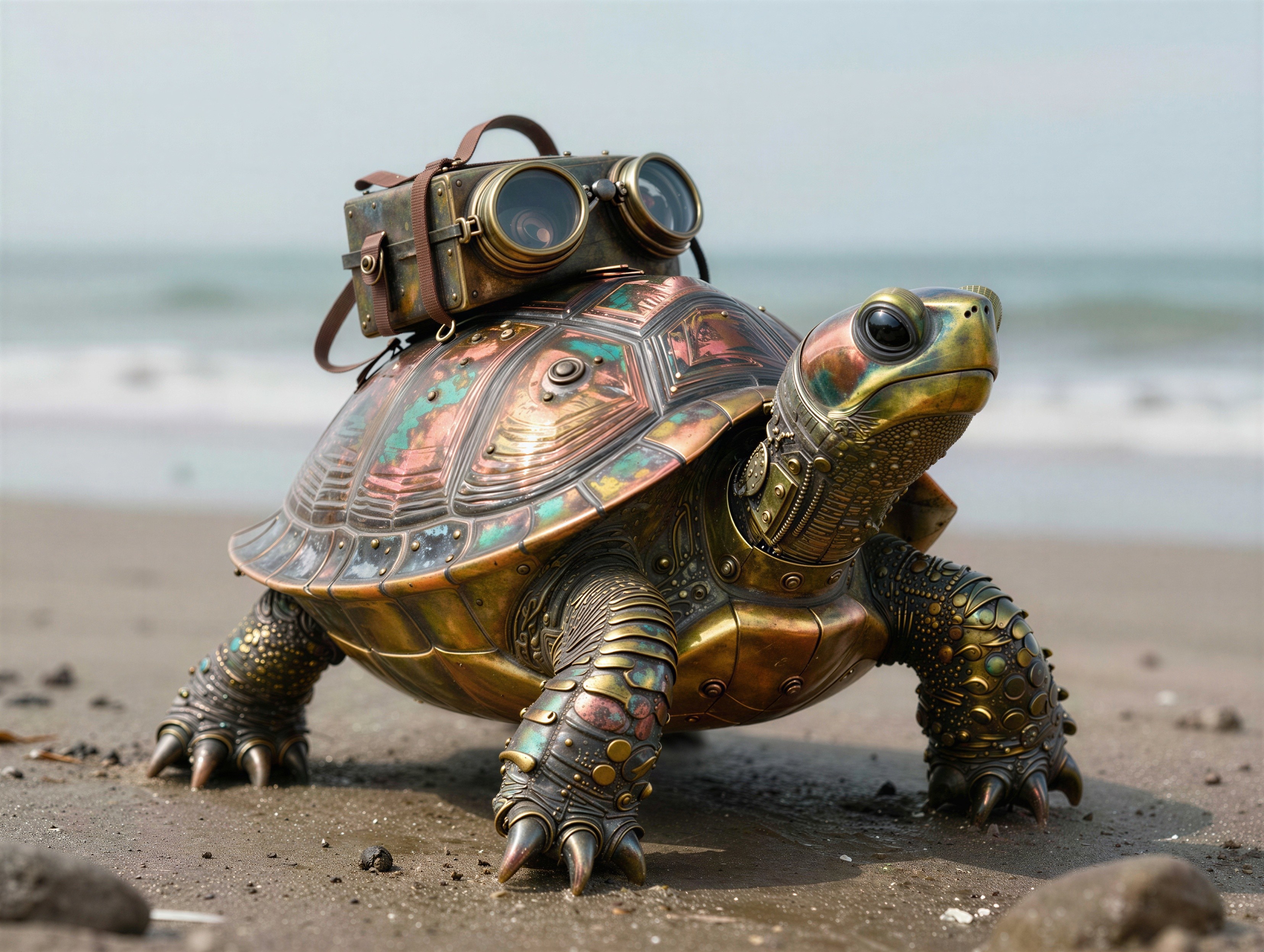 Steampunk Turtle with Ornate Metal Shell on Beach