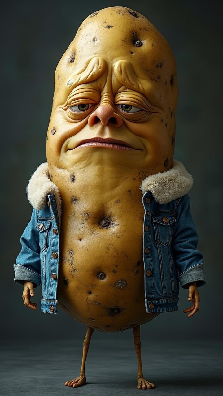 Humorous Anthropomorphic Potato in Denim Jacket