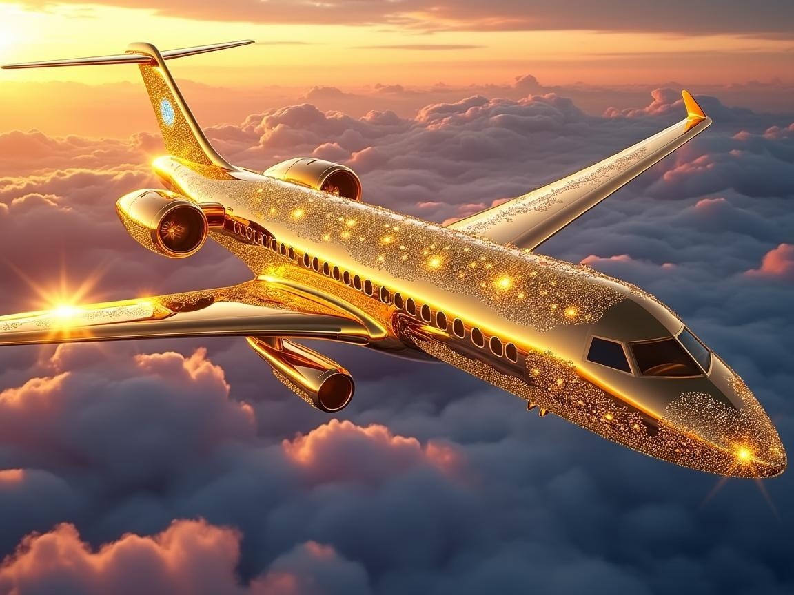 Golden Airplane in Vibrant Sunset Sky with Clouds