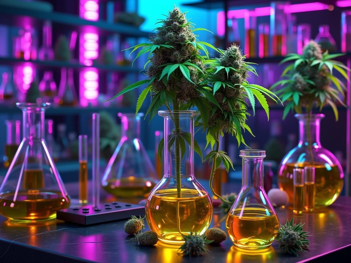 Laboratory with Neon Lights and Cannabis Plants