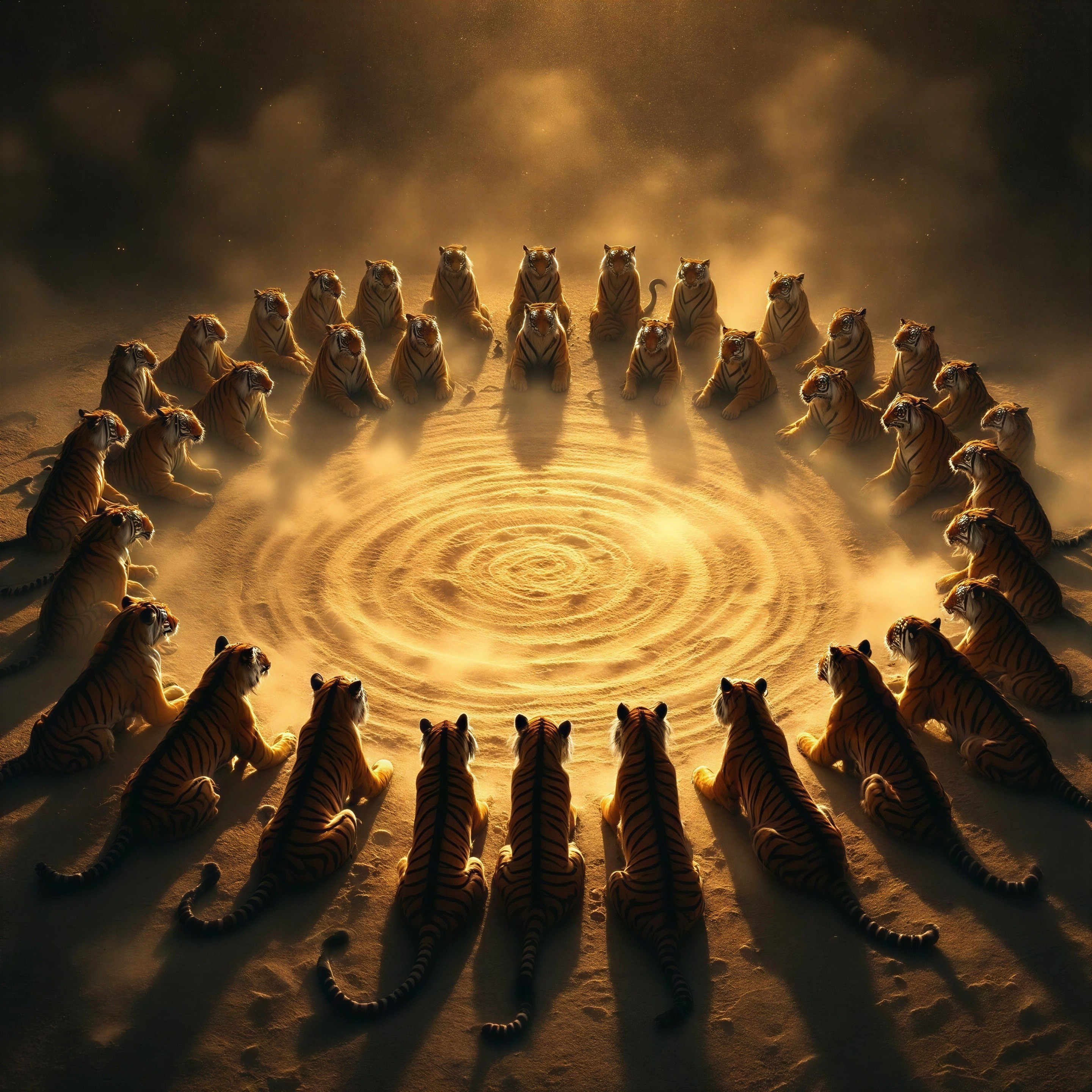 Tigers Meditating in a Mystical Twilight Scene