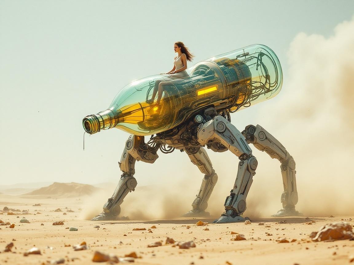 Futuristic Robot in Desert with Transparent Design