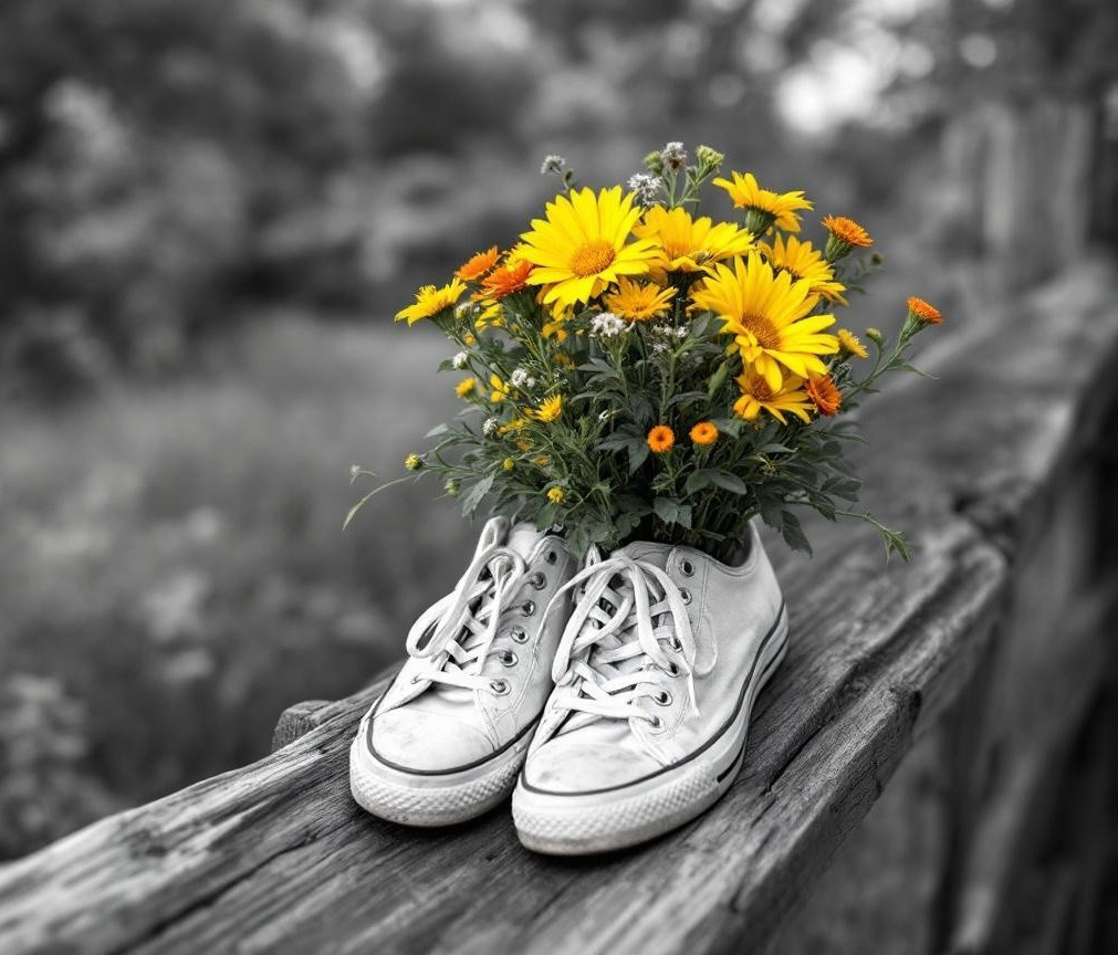 White Sneakers with Wildflowers on a Wooden Fence
