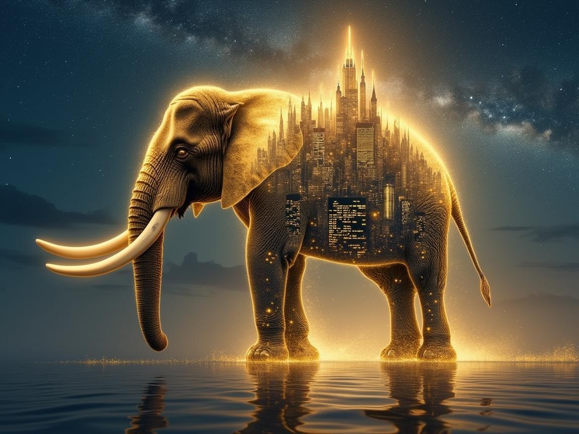 Majestic elephant with city skyline in tranquil waters