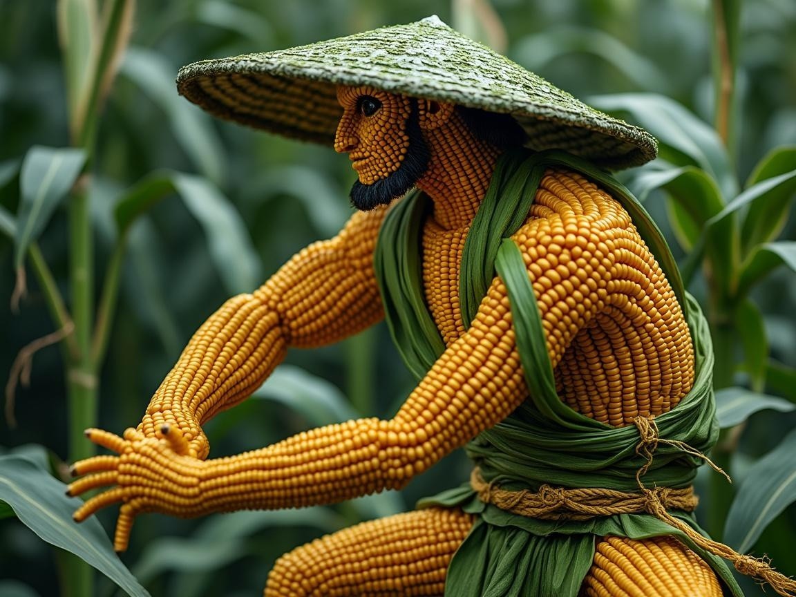 Vibrant Corn Kernel Figure in a Crouched Pose