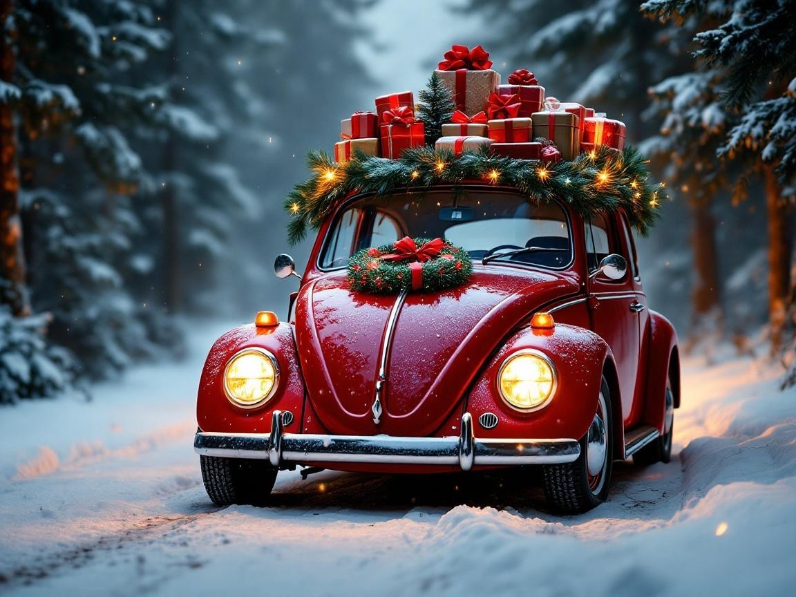 Vintage Car Decorated for Holidays in Snowy Forest