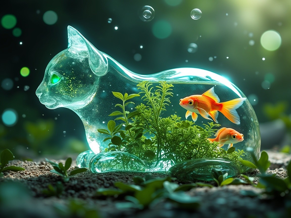 Translucent Cat Sculpture with Goldfish in Greenery