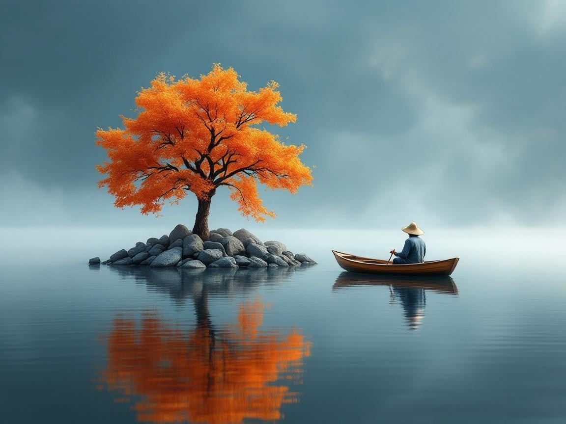Lone Figure in Boat Approaching Vibrant Orange Tree