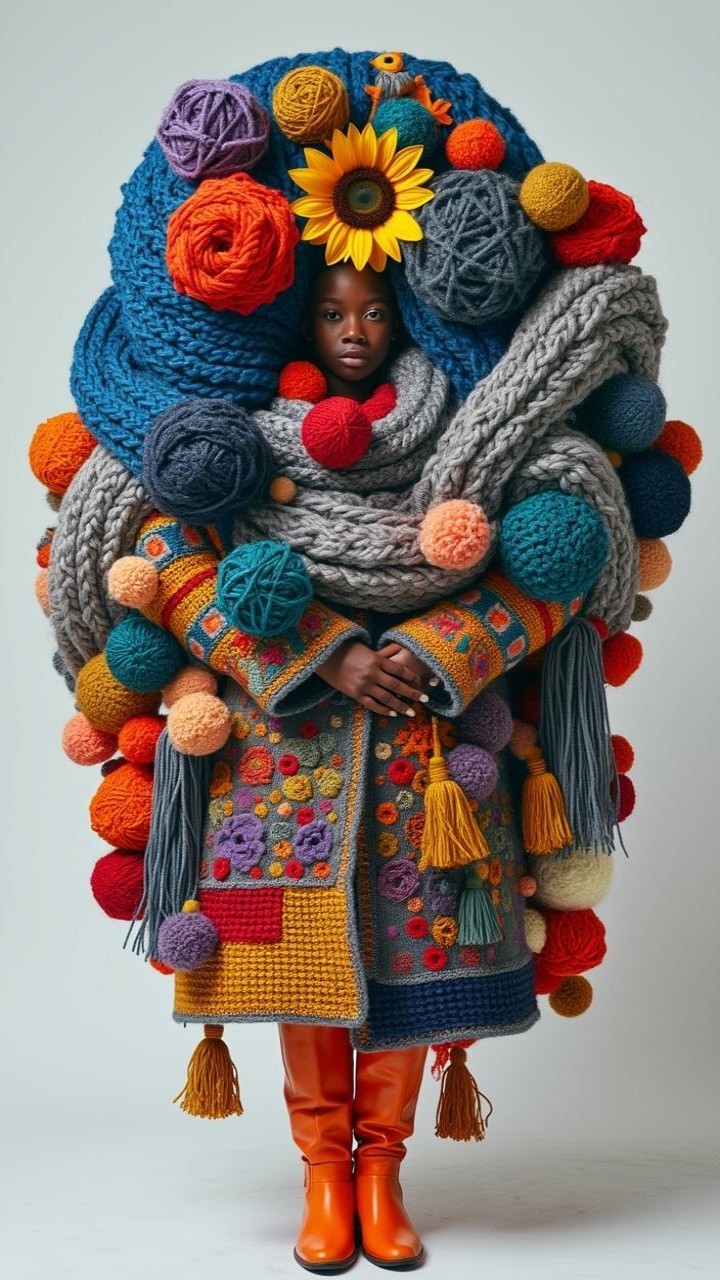 Oversized Colorful Coat with Pom-Poms and Floral Elements