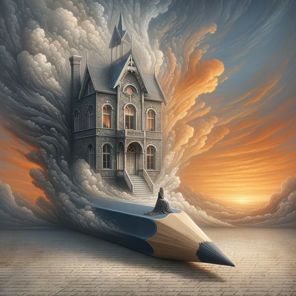 Victorian House Emerging from a Giant Pencil in Clouds
