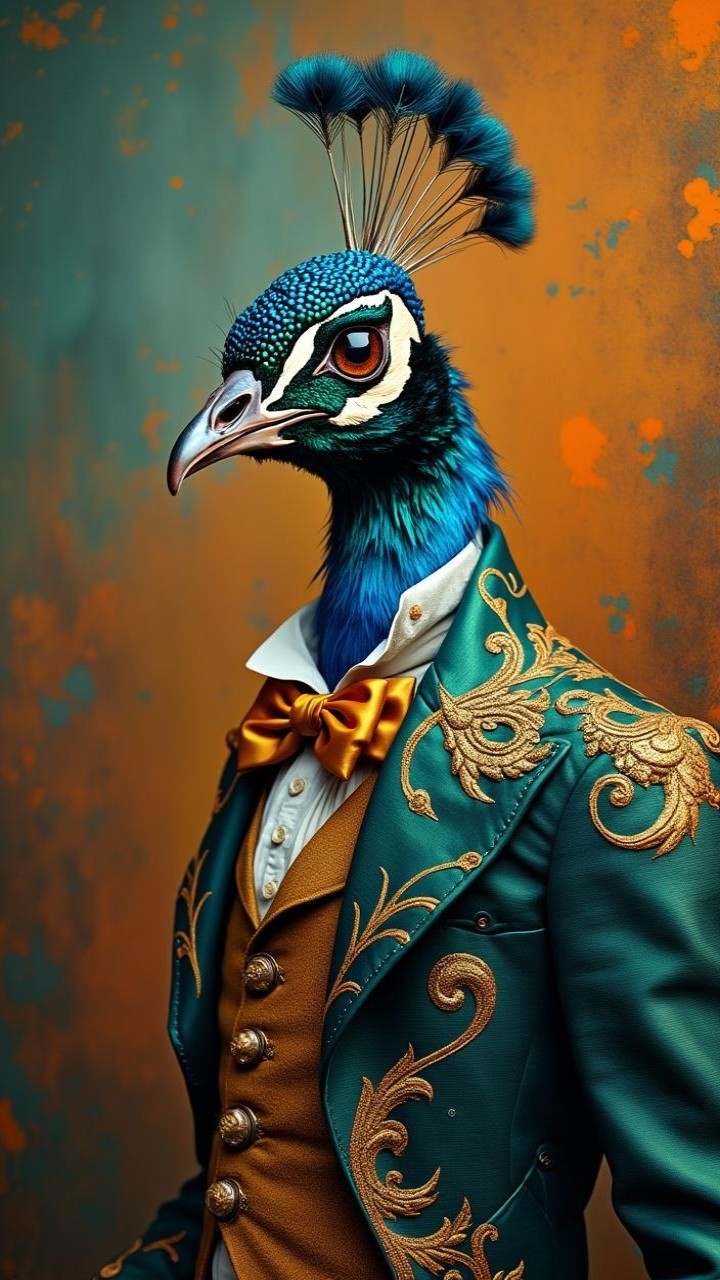 Peacock with Human-Like Upper Body in Vibrant Attire