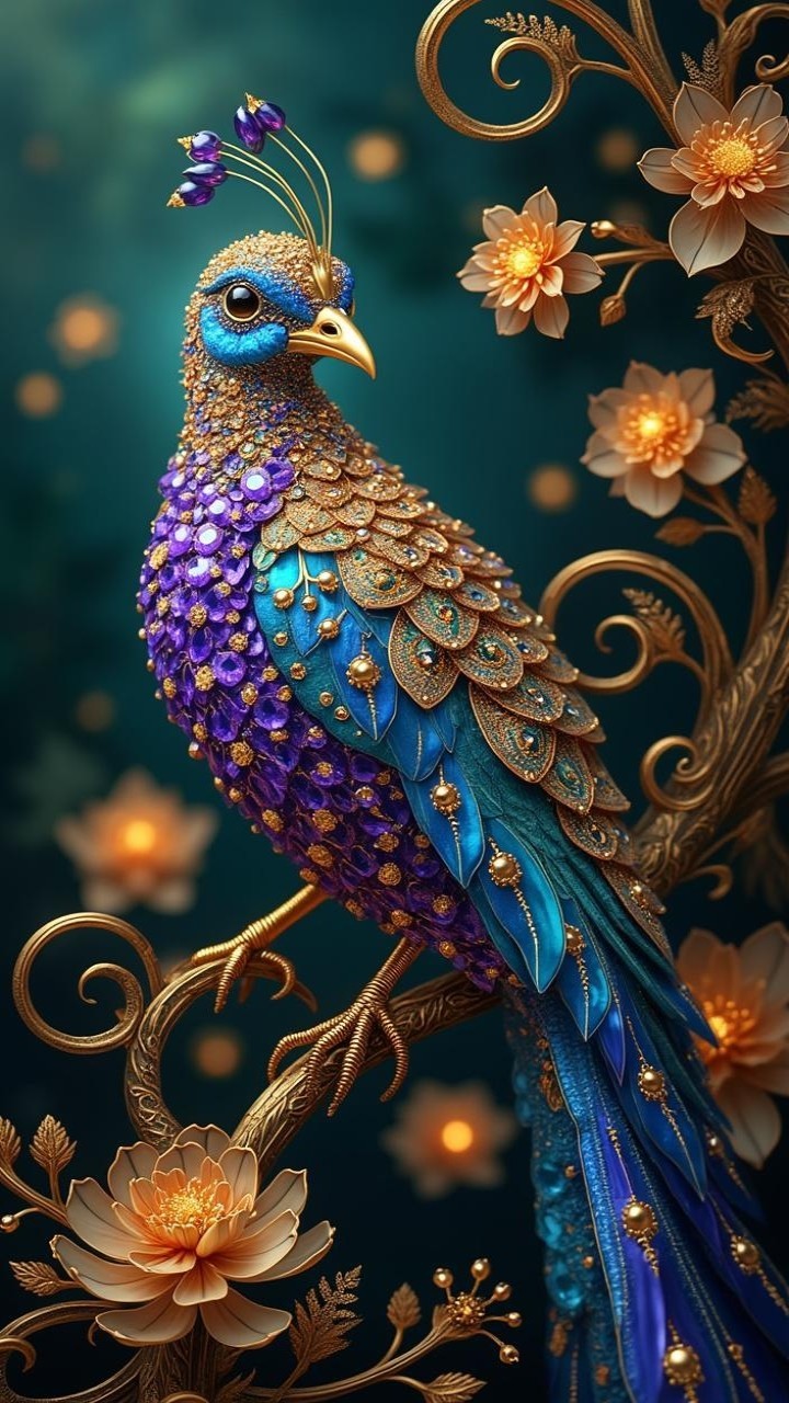 Intricate Peacock with Blue and Purple Feathers