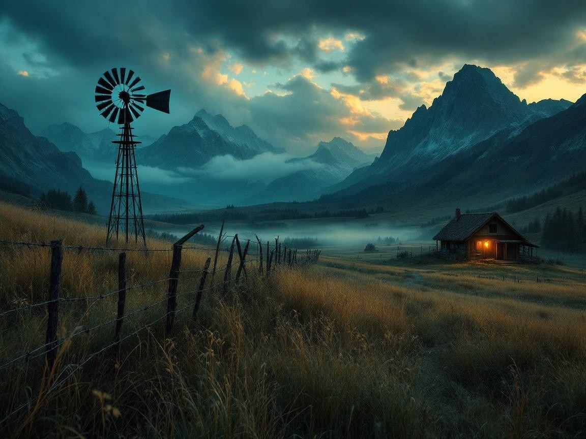 Serene Rural Landscape with Windmill and Cozy Cabin