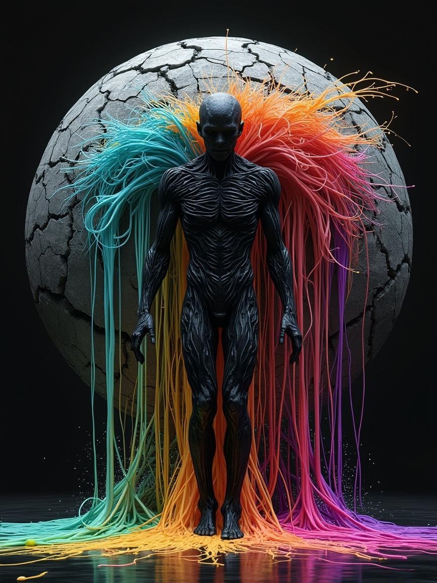 Abstract Figure Against Cracked Spherical Backdrop