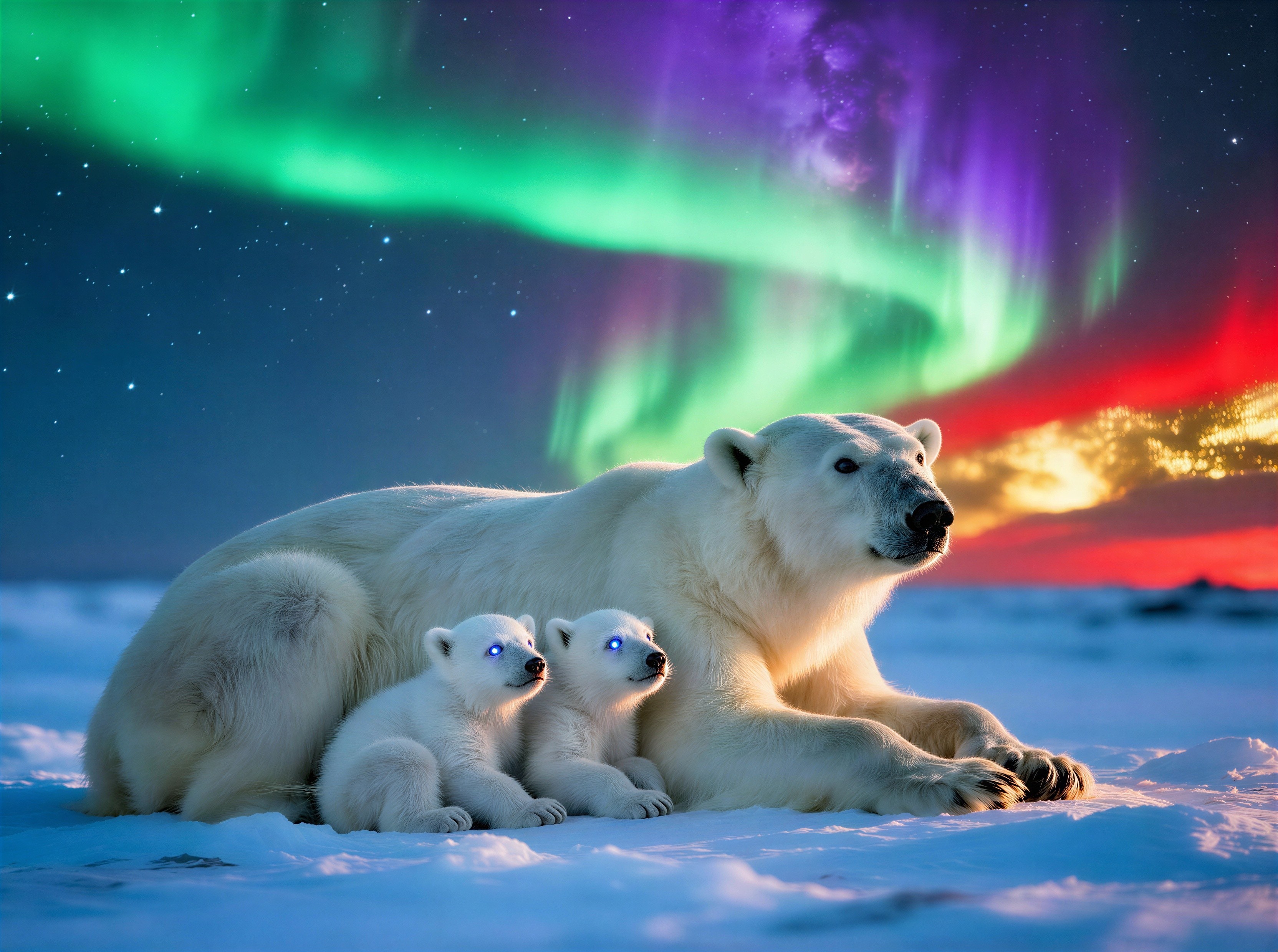 Polar Bear Family Under Aurora Borealis Night Sky