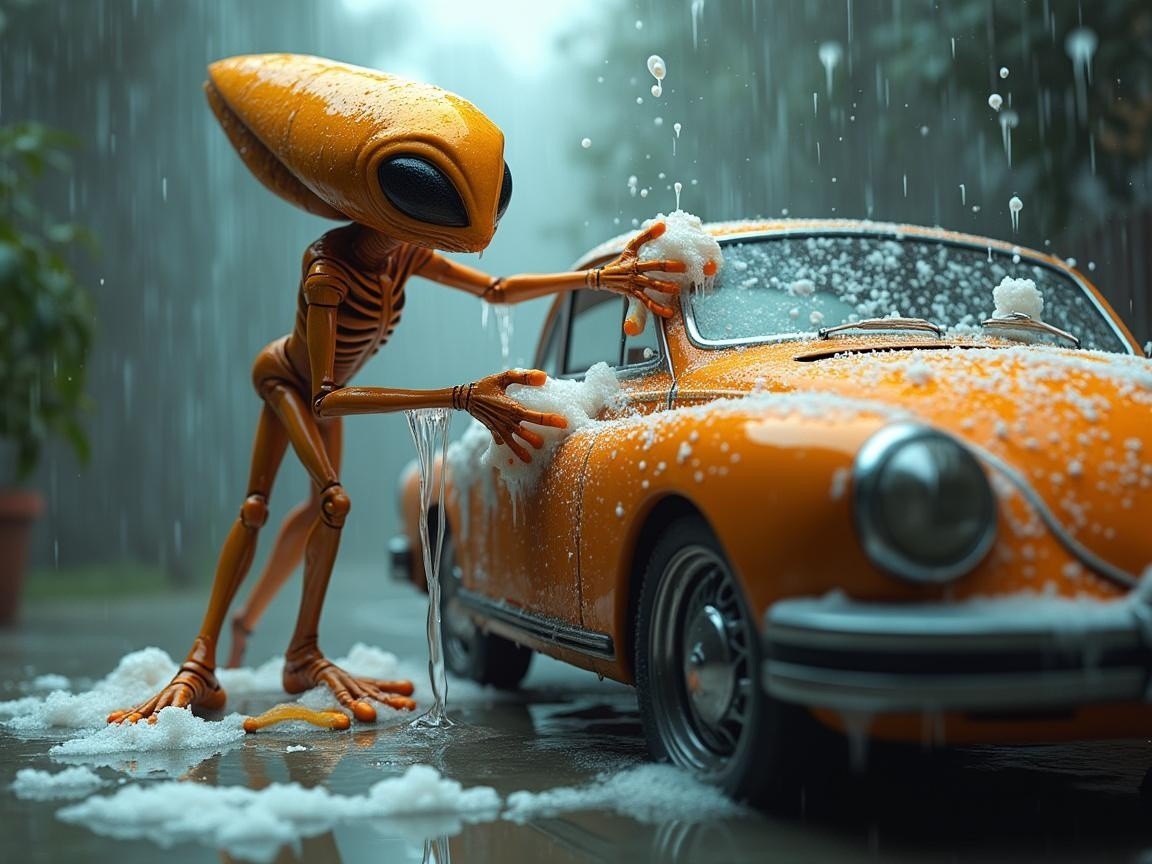 Alien Character Washing Vintage Car in Rainy Setting