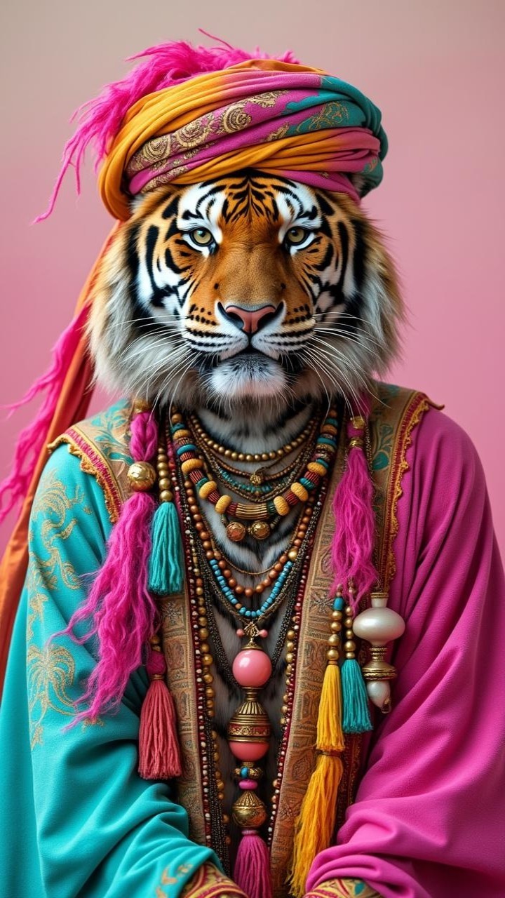 Vibrant Figure with Tiger Head in Ornate Outfit