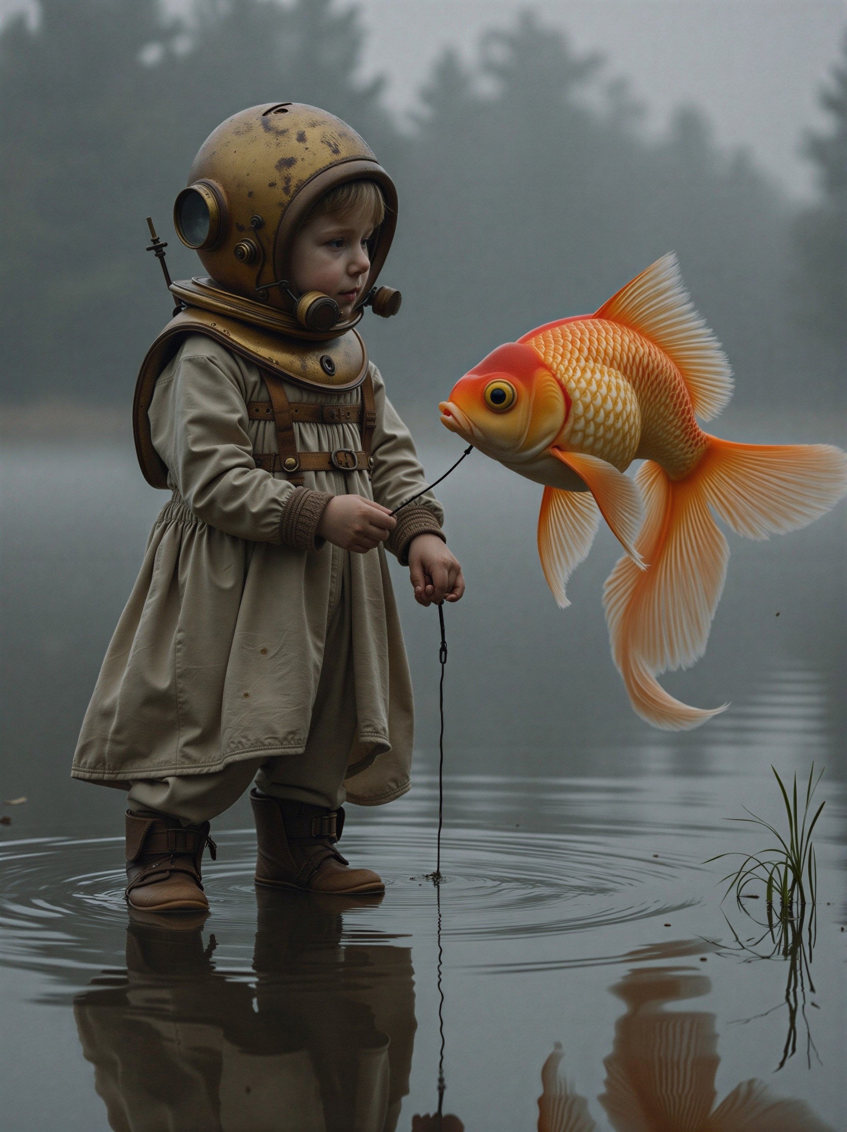 Child in Vintage Astronaut Suit with Goldfish in Water
