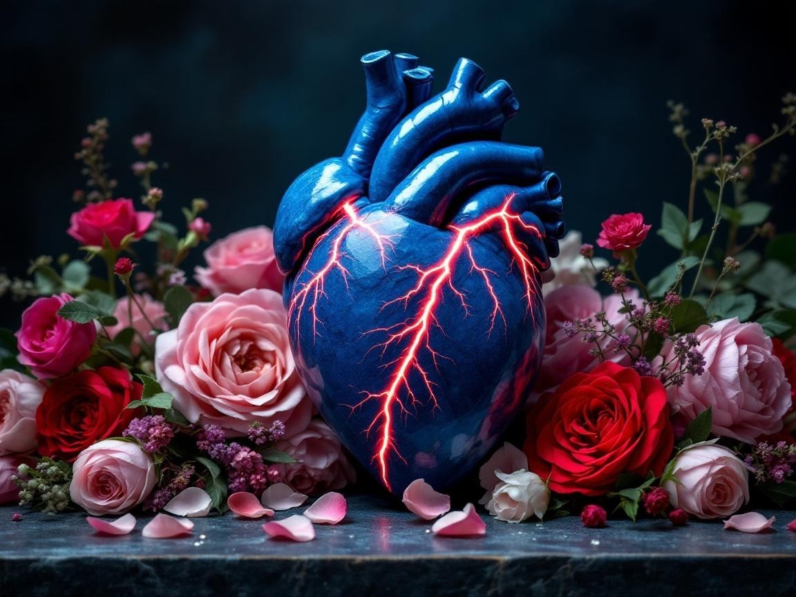 Blue Anatomical Heart Surrounded by Colorful Roses
