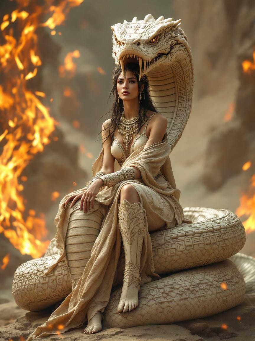 Mystical Woman on Serpent Surrounded by Flames