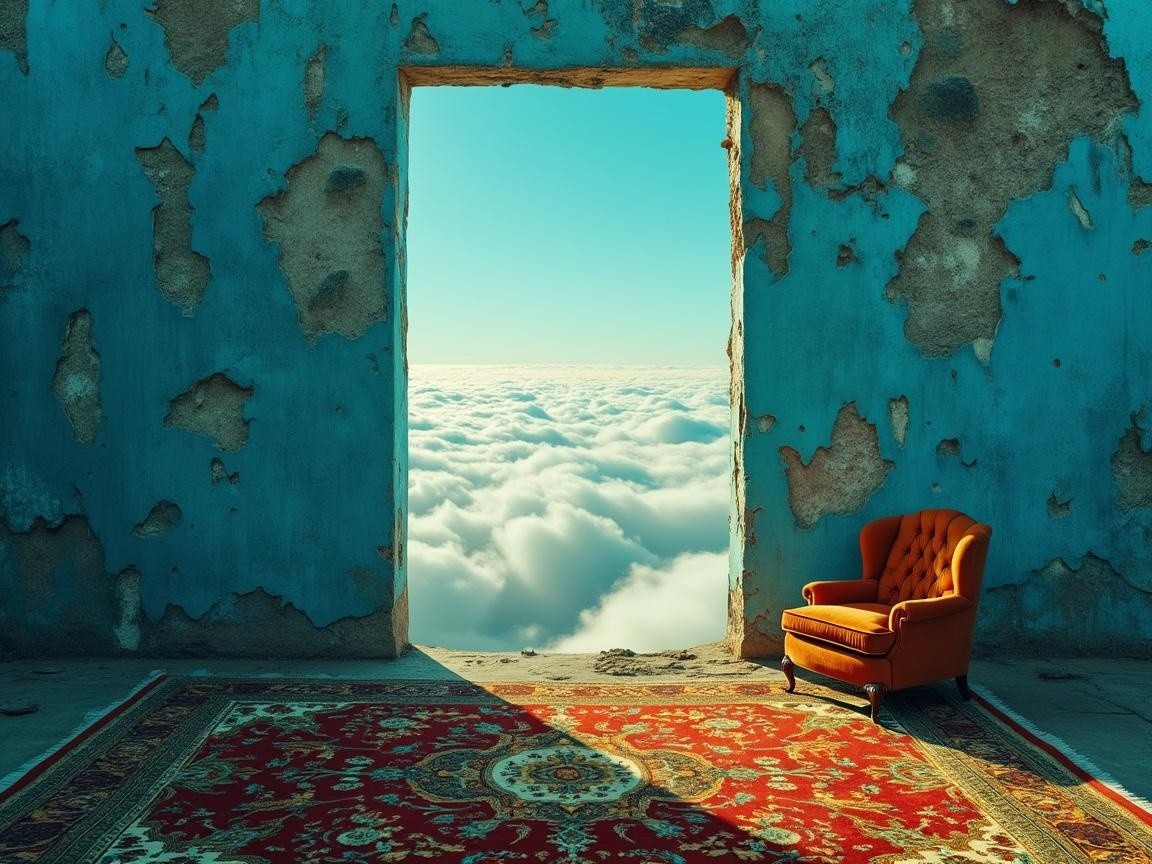 Abandoned Room with Blue Walls and Cloudy View