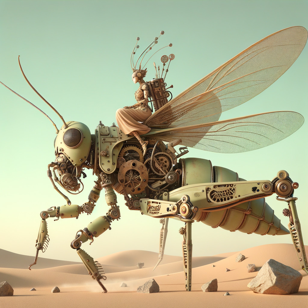 Mechanical Ant with Steampunk Fairy in Desert Scene