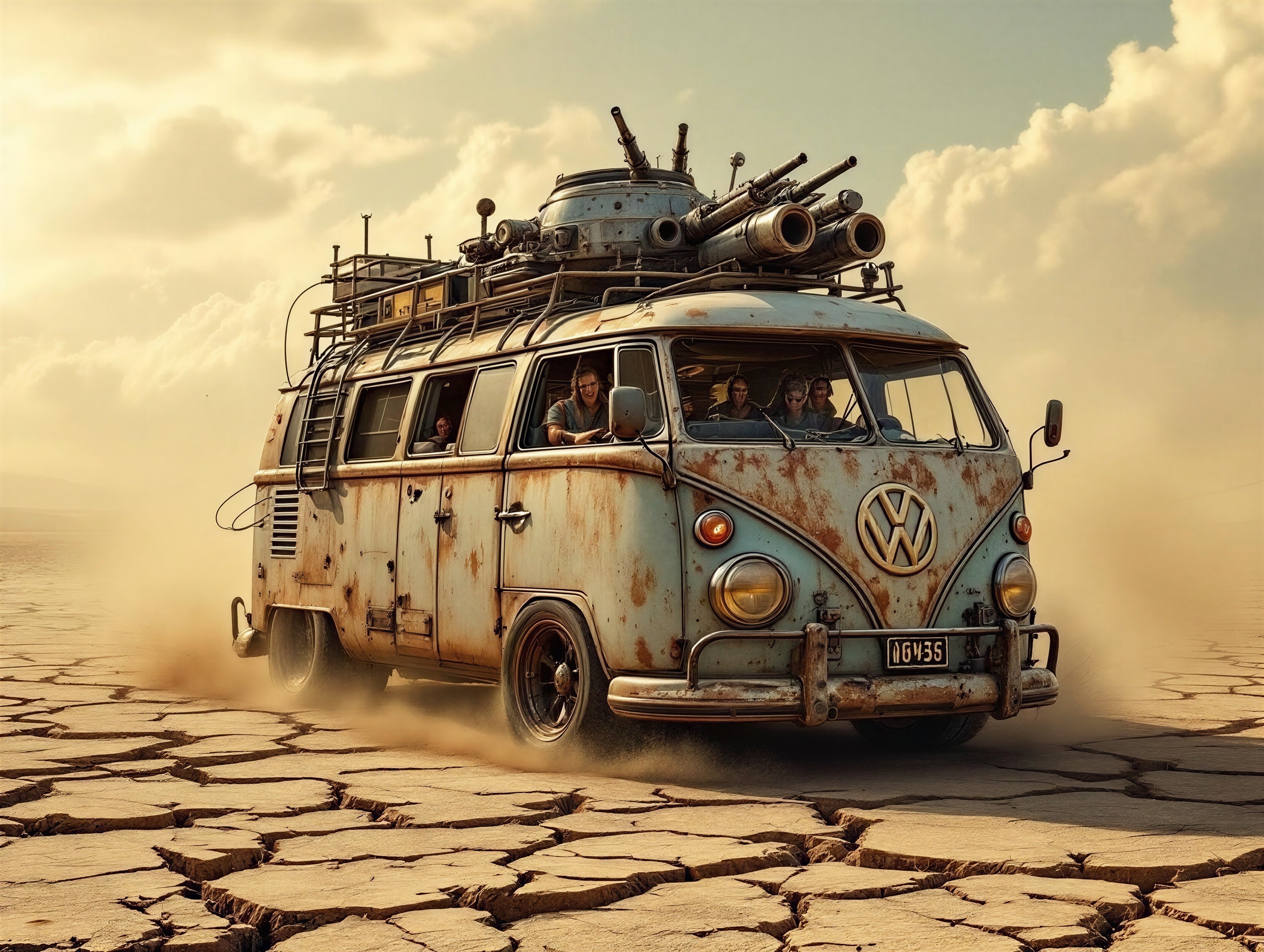 Vintage Volkswagen Van in Barren Landscape Scene