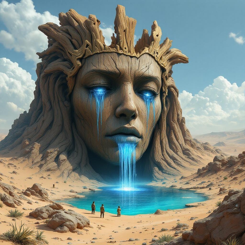 Colossal stone face in desert with cascading water