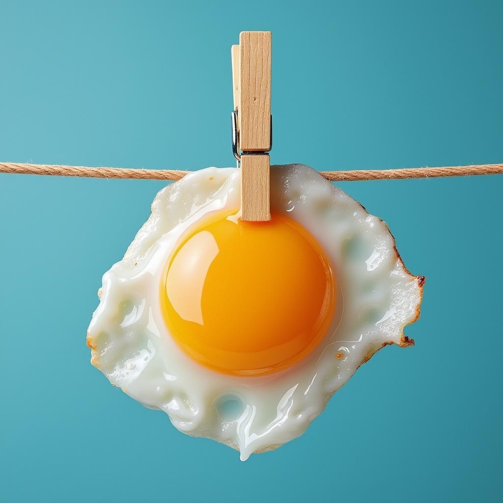 Fried Egg Suspended by Clothespin on Turquoise Background