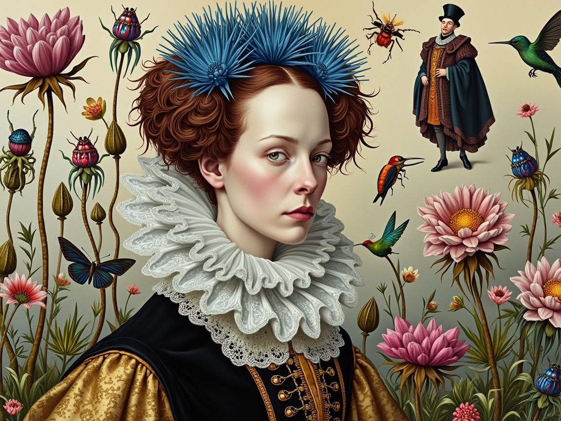 Regal Woman in Lavish Dress Surrounded by Nature