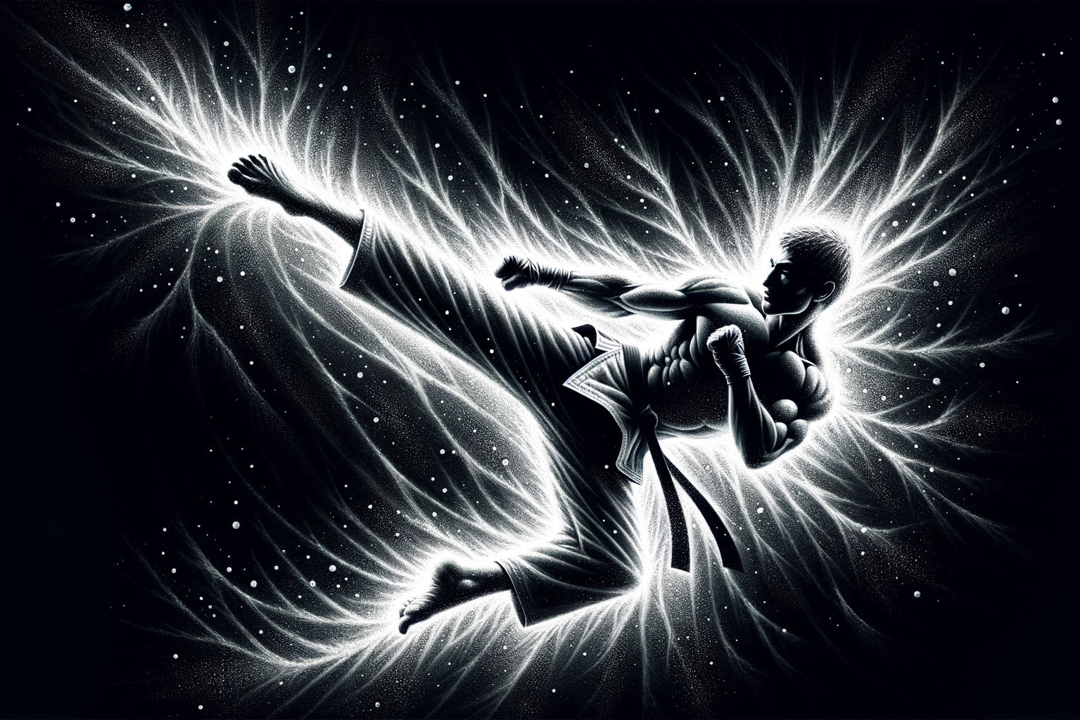 Martial Artist in High Kick Surrounded by Ethereal Glow