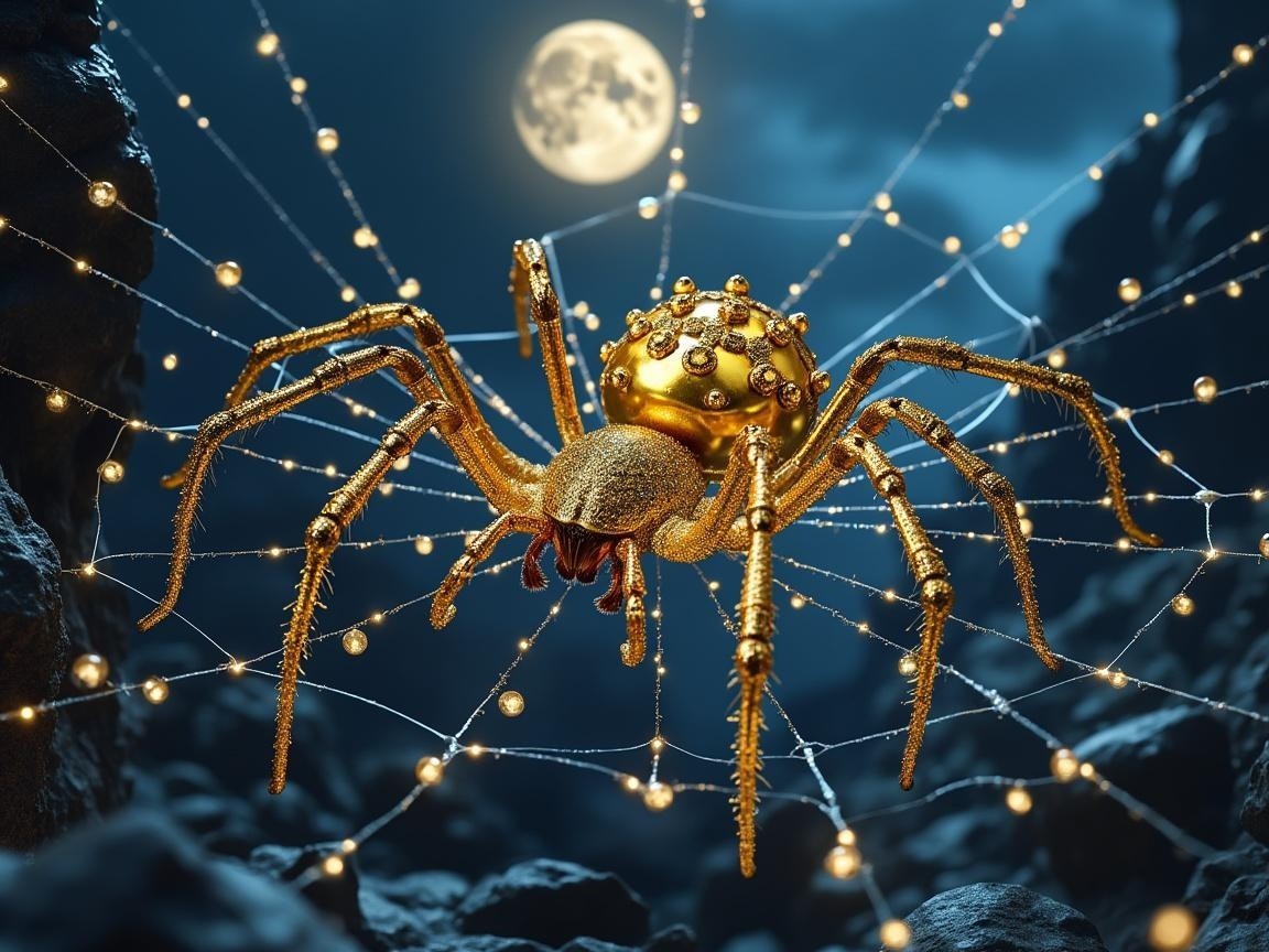 Golden spider in a glowing web under full moonlight
