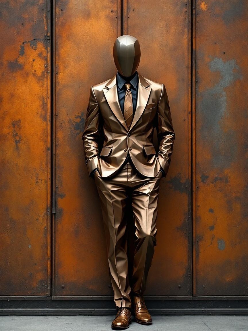 Geometric Figure in Copper Suit on Rust Background