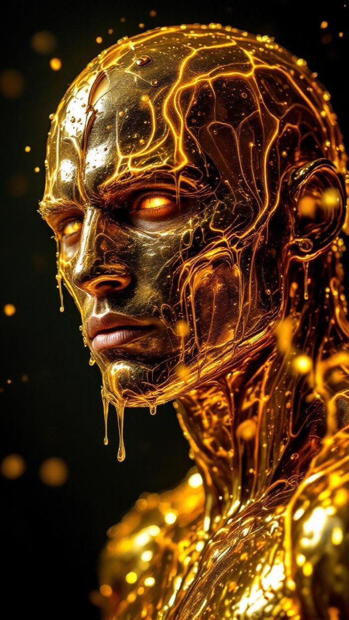 Humanoid figure with metallic gold sheen and glow