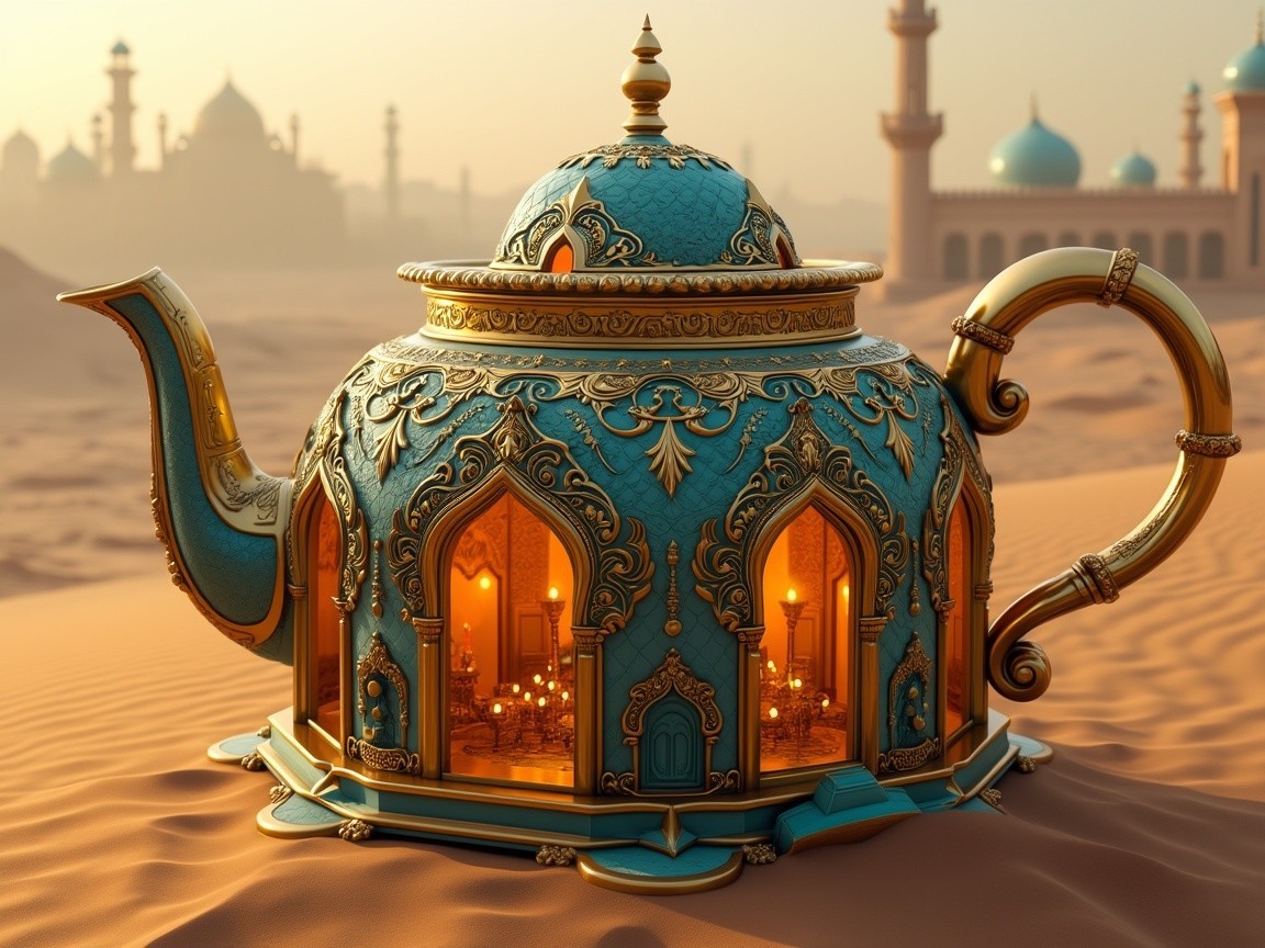 Ornate Teapot in a Desert Landscape with Domes