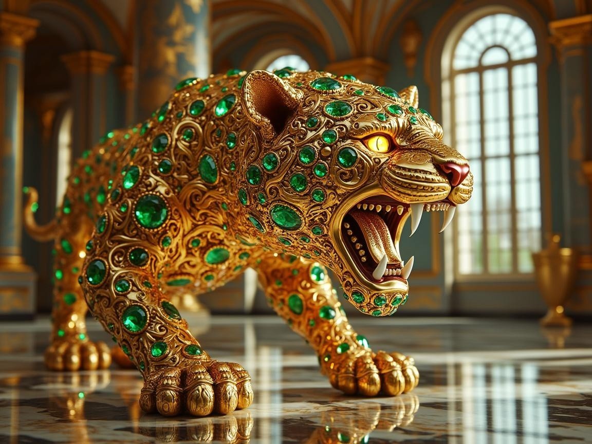 Ornate golden jaguar with emeralds in opulent setting