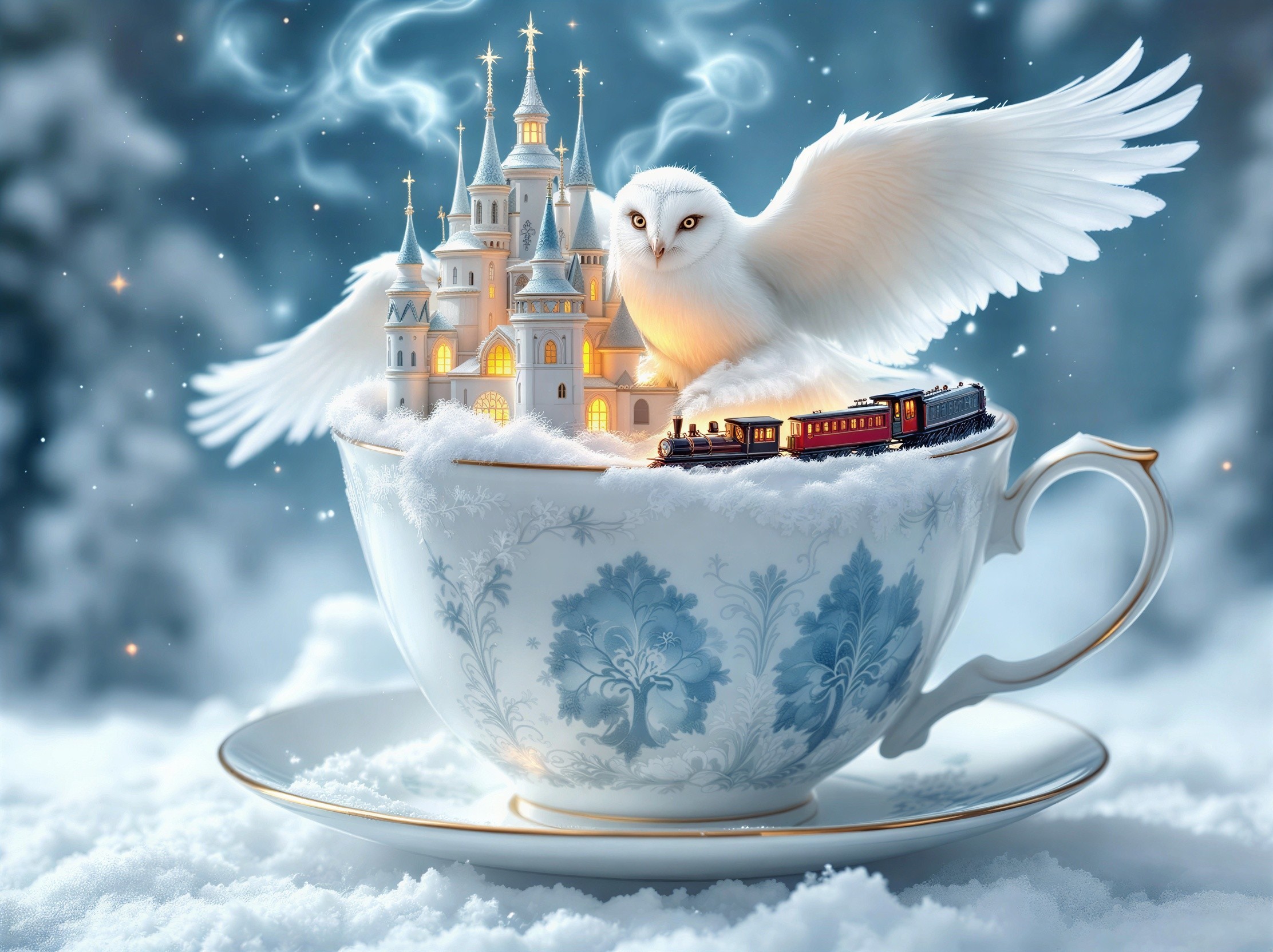 Whimsical Porcelain Teacup with Owl and Castle Scene