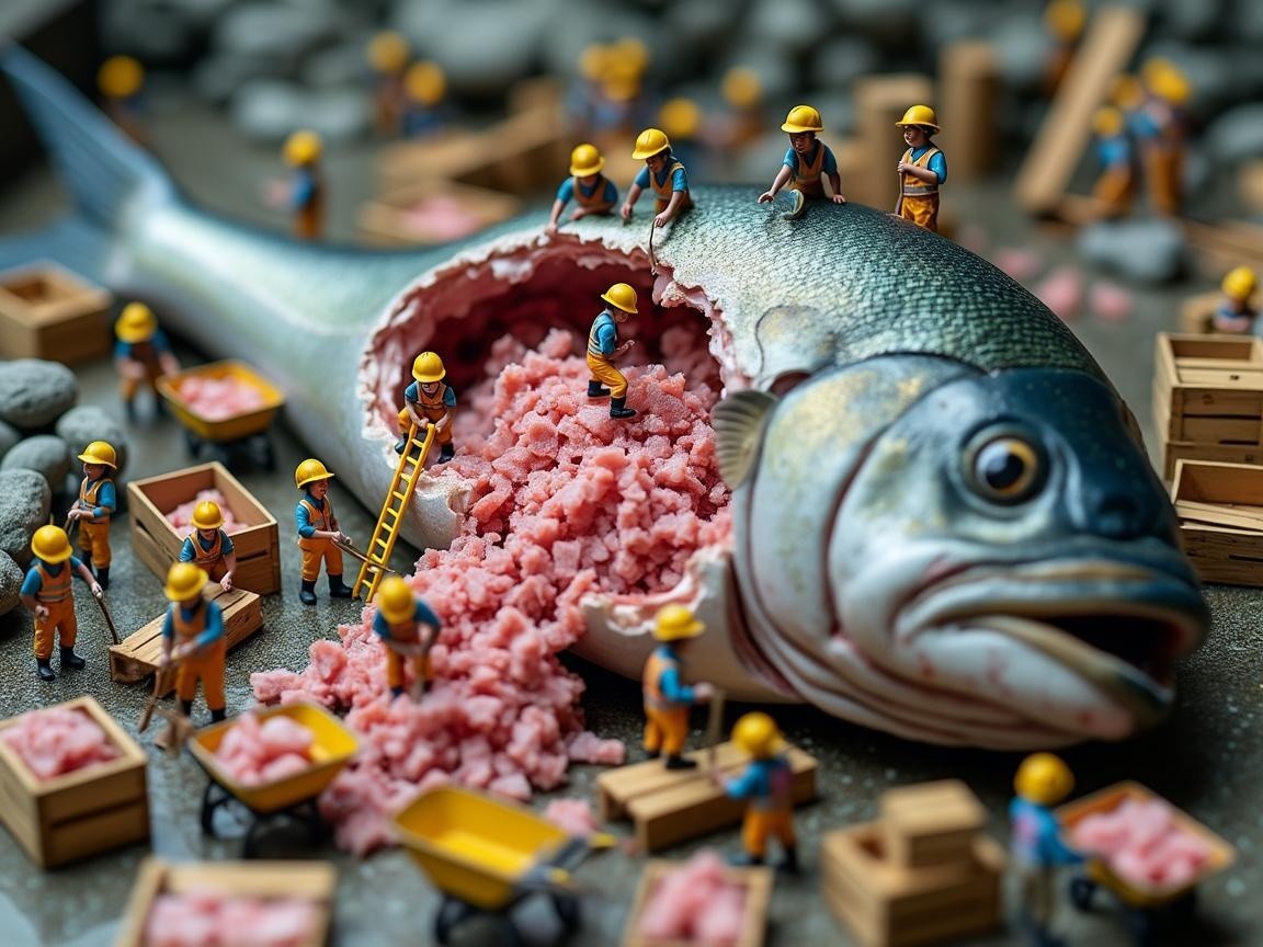 Large fish cut open with miniature workers inside