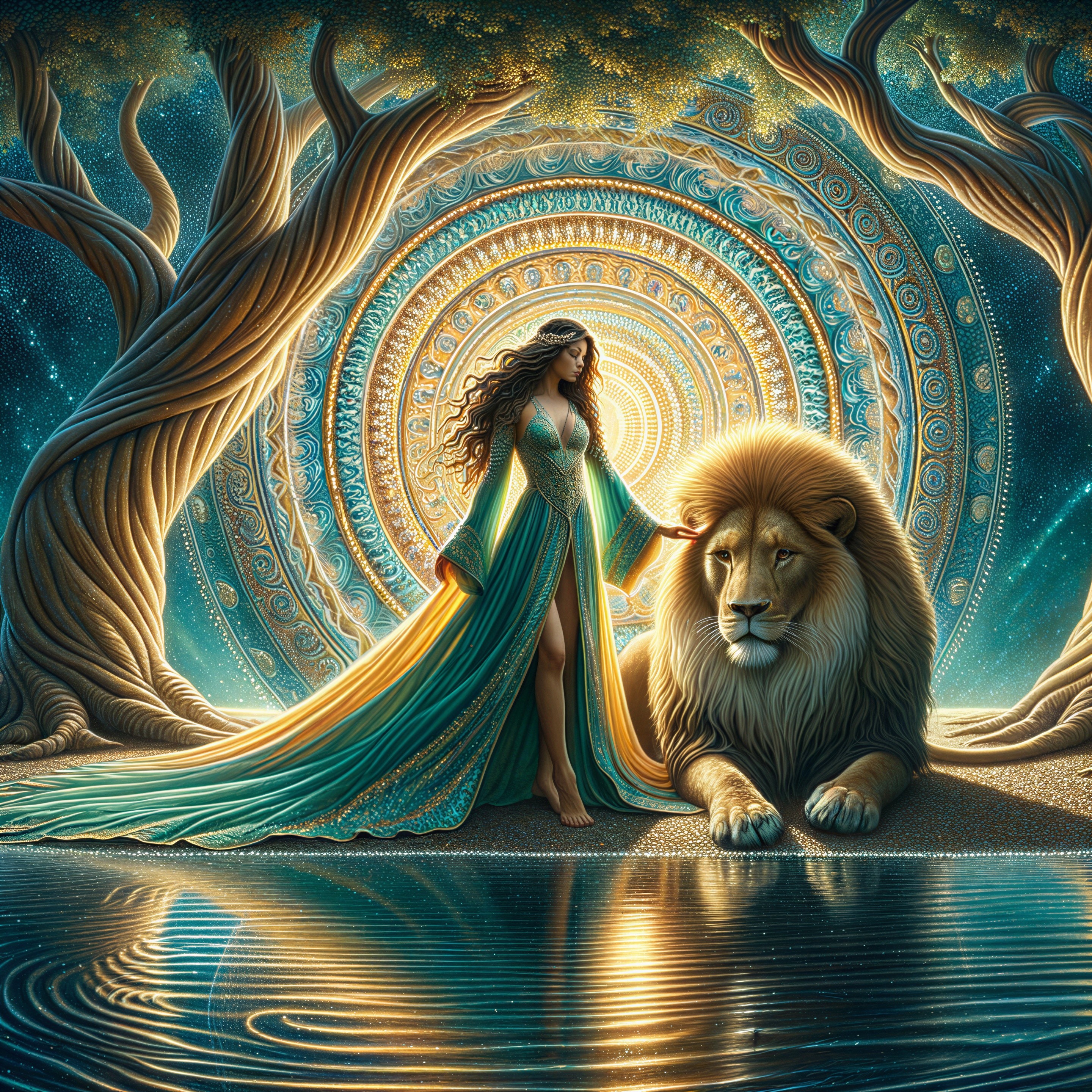 Serene Woman and Lion in Enchanted Forest Scene