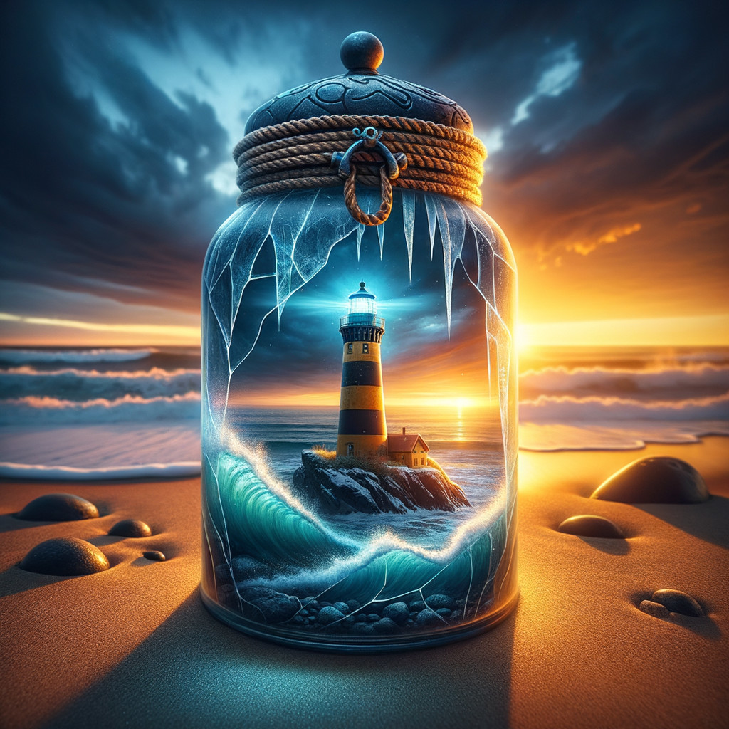 Lighthouse in Glass Jar on Sandy Beach at Sunset