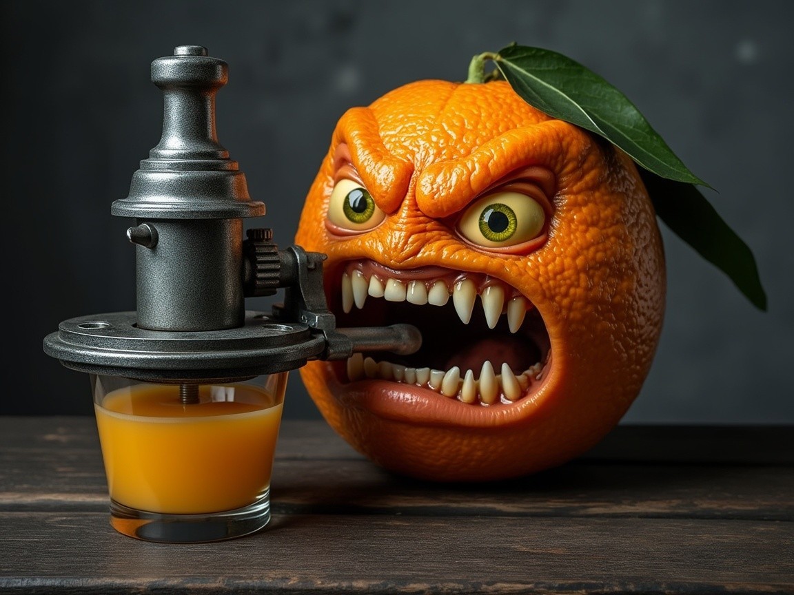 Exaggerated Orange with Juicer and Glass Background